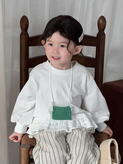 長袖シャツ・ブラウス キッズトップス 裾フリルドロップショルダー長袖パフスリーブTシャツ【mh0008903】