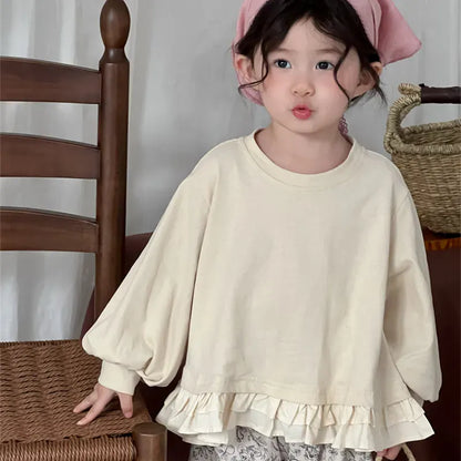 長袖シャツ・ブラウス キッズトップス 裾フリルドロップショルダー長袖パフスリーブTシャツ【mh0008903】