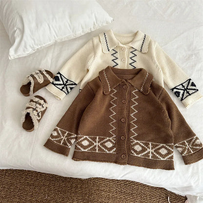 カーディガン・パーカー レトロ幾何学Vネックニットカーディガン【mh0011267】