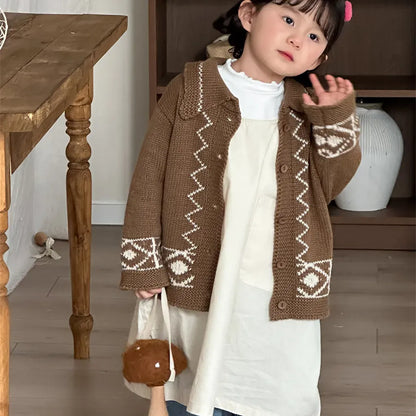 カーディガン・パーカー レトロ幾何学Vネックニットカーディガン【mh0011267】