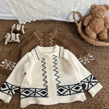 カーディガン・パーカー レトロ幾何学Vネックニットカーディガン【mh0011267】