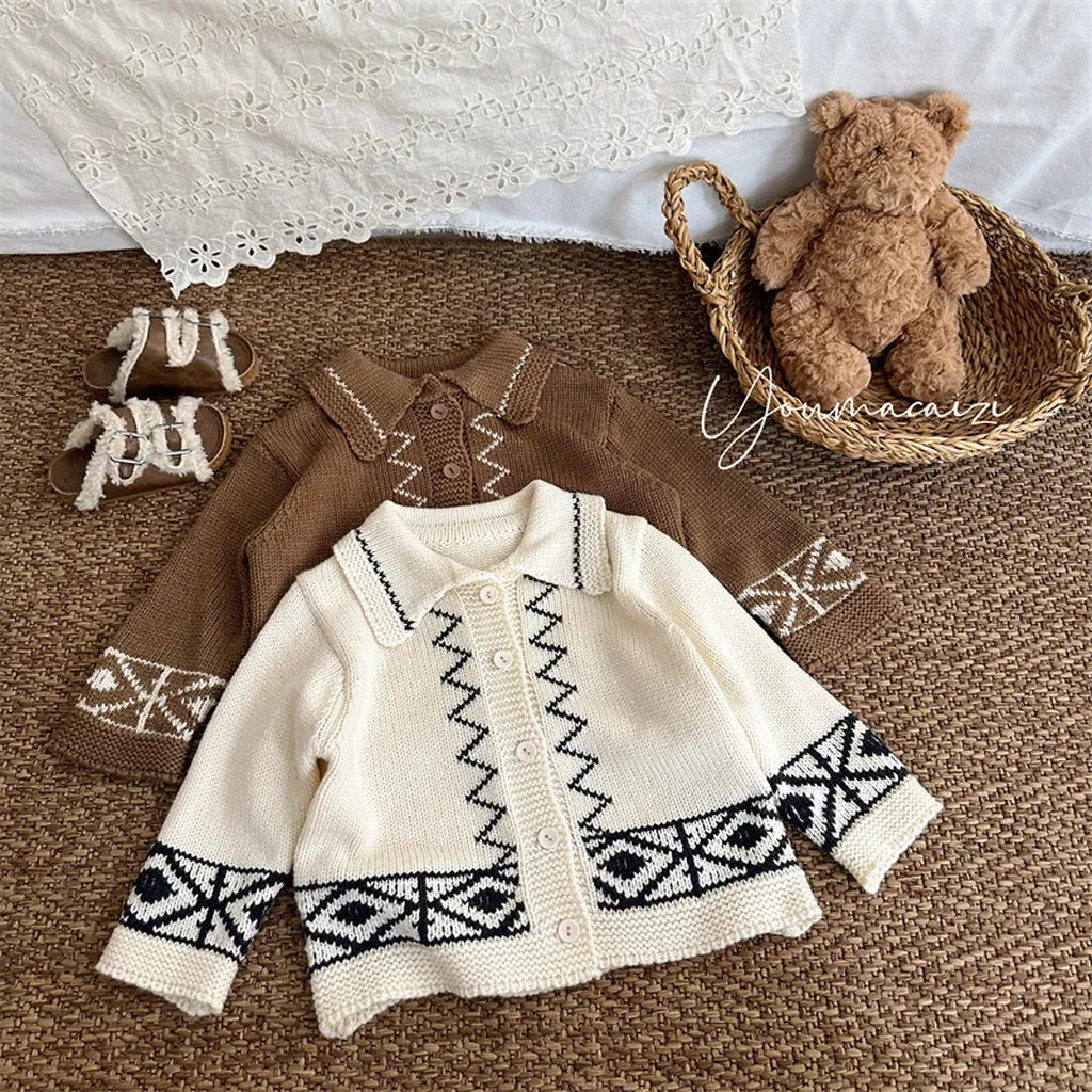 カーディガン・パーカー レトロ幾何学Vネックニットカーディガン【mh0011267】