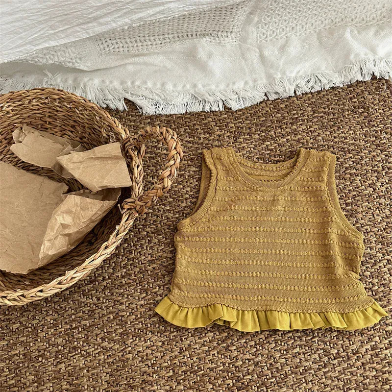 タンクトップ・キャミソール・ノースリーブトップス Yellow / 18M (80) キッズトップス ニットフリル ノースリーブ ペプラムブラウス 3カラー【mh0006020】