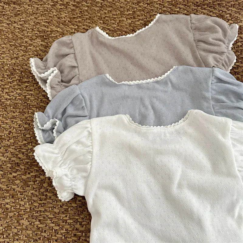 半袖Tシャツ キッズトップス 半袖パフスリーブカットソー ブラウス レースニット 3カラー【mh0005016】