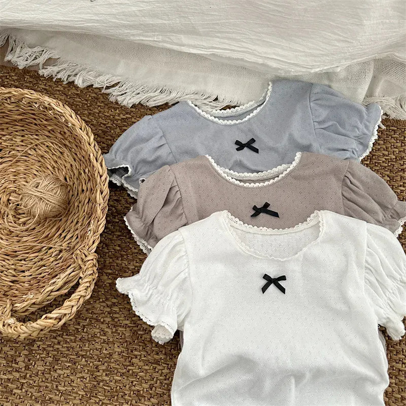 半袖Tシャツ キッズトップス 半袖パフスリーブカットソー ブラウス レースニット 3カラー【mh0005016】