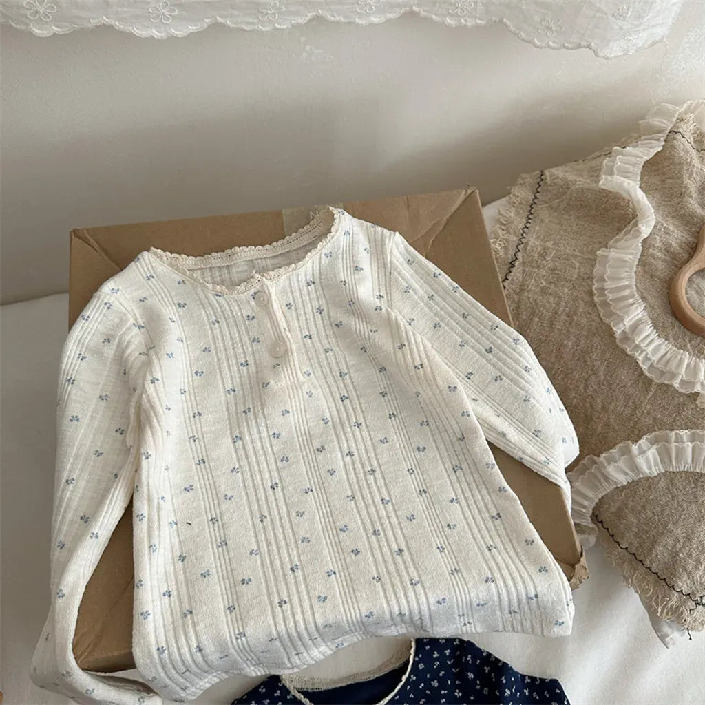 長袖Tシャツ Beige / 80cm 小花プリントレースネック長袖Tシャツ【mh0011259】