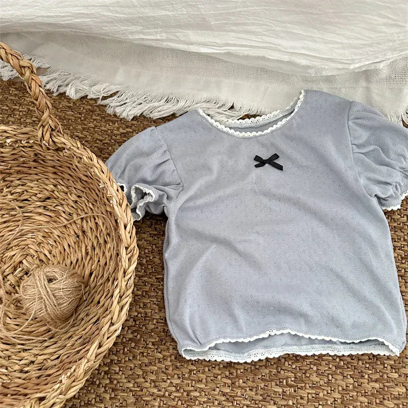 半袖Tシャツ Blue / 80cm キッズトップス 半袖パフスリーブカットソー ブラウス レースニット 3カラー【mh0005016】
