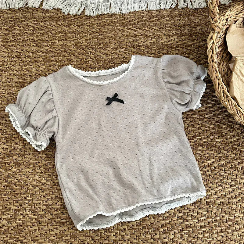 半袖Tシャツ Gray / 80cm キッズトップス 半袖パフスリーブカットソー ブラウス レースニット 3カラー【mh0005016】