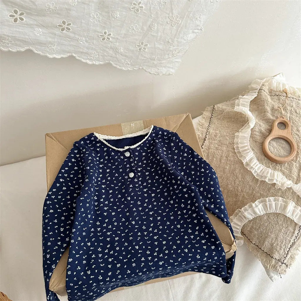長袖Tシャツ Navy / 80cm 小花プリントレースネック長袖Tシャツ【mh0011259】