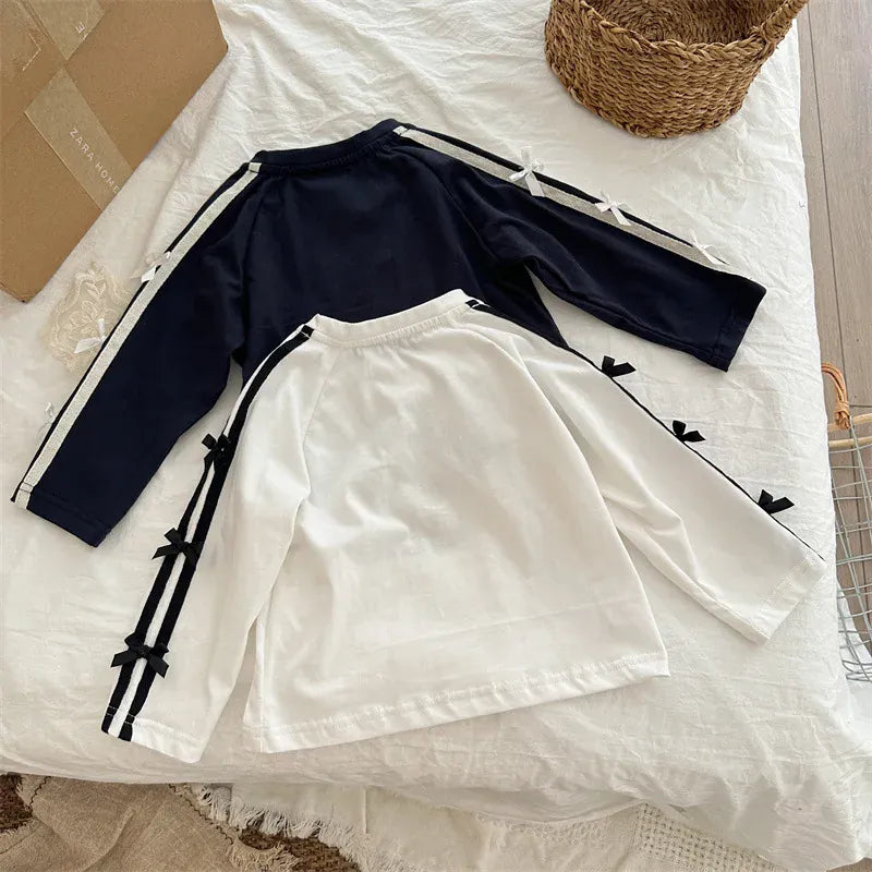 長袖Tシャツ キッズトップス サイドダブルリボンラインレターロゴプリント長袖Tシャツ 2カラー【mh0006769】