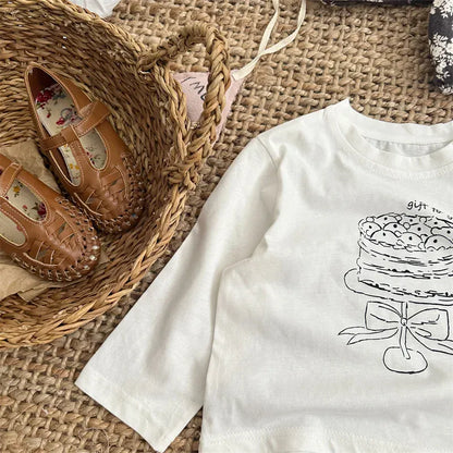 長袖Tシャツ キッズトップス ケーキスタンドプリント裾レース長袖Tシャツ ホワイト【mh0006732】