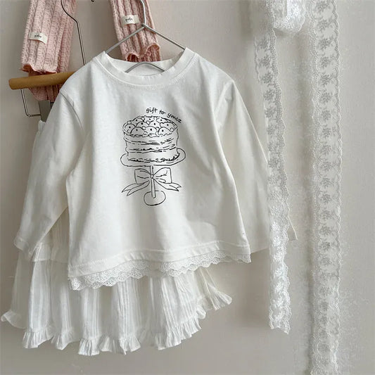 長袖Tシャツ キッズトップス ケーキスタンドプリント裾レース長袖Tシャツ ホワイト【mh0006732】