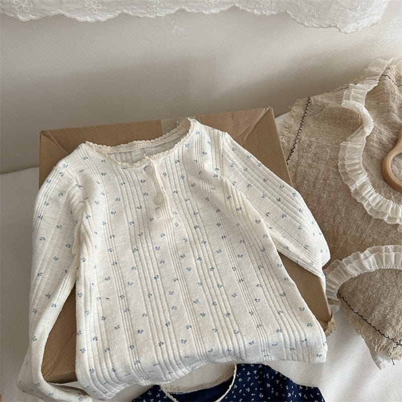 長袖Tシャツ 小花プリントレースネック長袖Tシャツ【mh0011259】