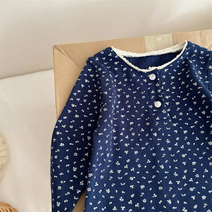 長袖Tシャツ 小花プリントレースネック長袖Tシャツ【mh0011259】