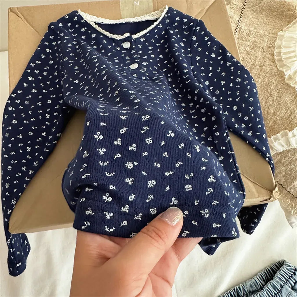 長袖Tシャツ 小花プリントレースネック長袖Tシャツ【mh0011259】