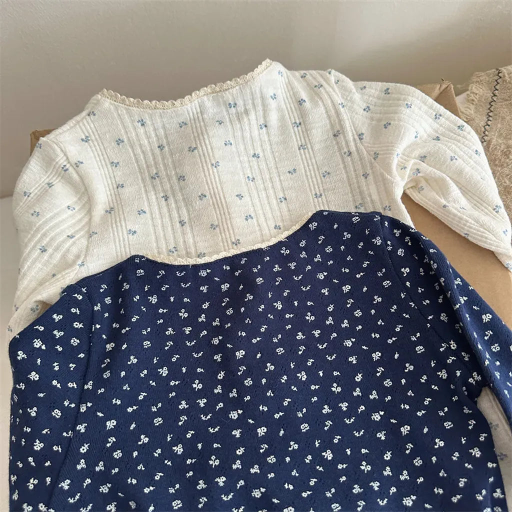 長袖Tシャツ 小花プリントレースネック長袖Tシャツ【mh0011259】