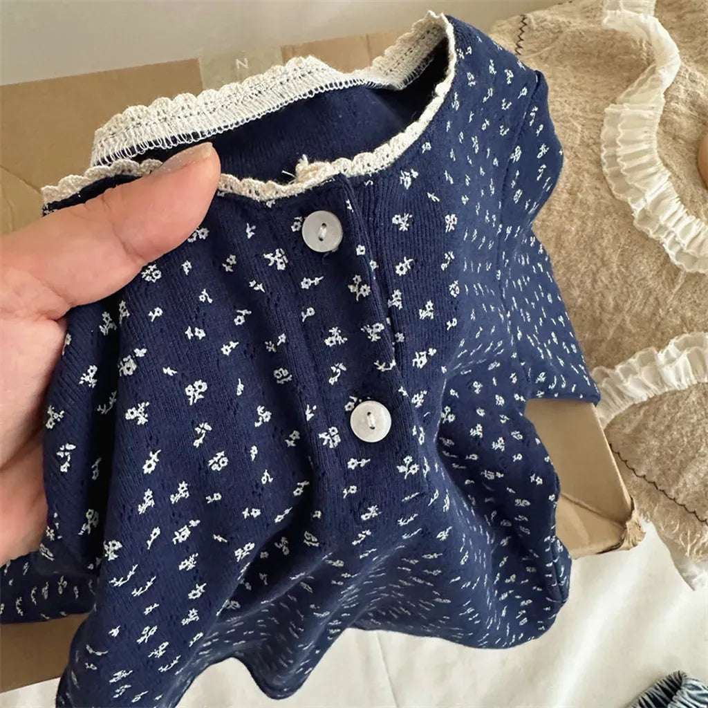 長袖Tシャツ 小花プリントレースネック長袖Tシャツ【mh0011259】