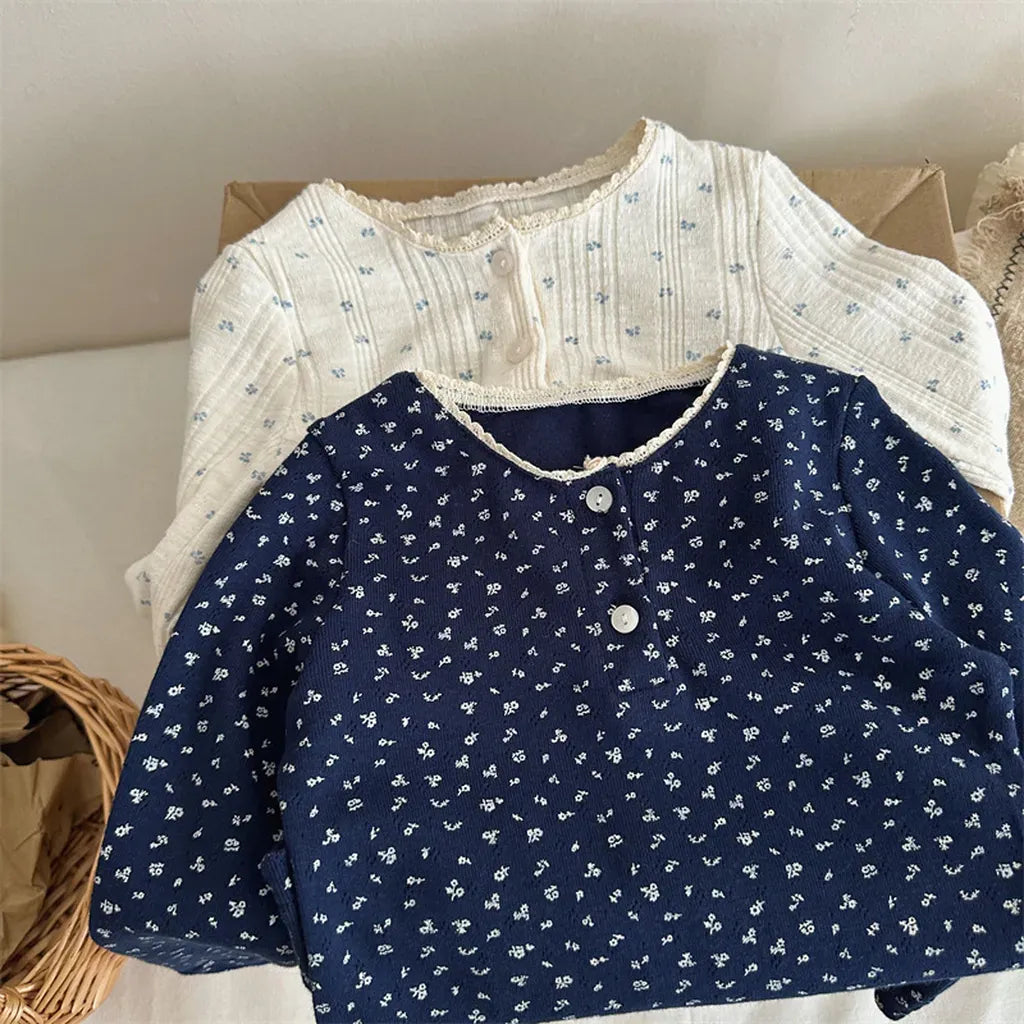 長袖Tシャツ 小花プリントレースネック長袖Tシャツ【mh0011259】