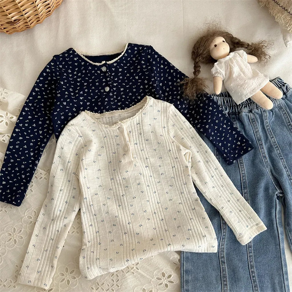 長袖Tシャツ 小花プリントレースネック長袖Tシャツ【mh0011259】