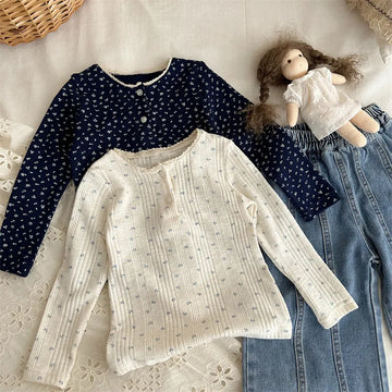 長袖Tシャツ 小花プリントレースネック長袖Tシャツ【mh0011259】