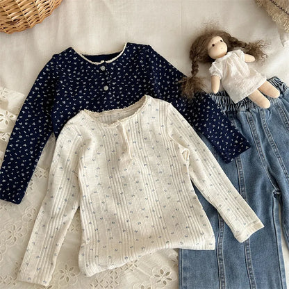 長袖Tシャツ 小花プリントレースネック長袖Tシャツ【mh0011259】