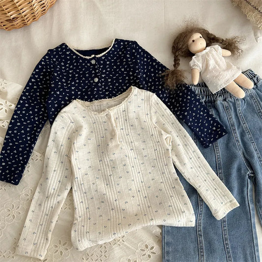 長袖Tシャツ 小花プリントレースネック長袖Tシャツ【mh0011259】