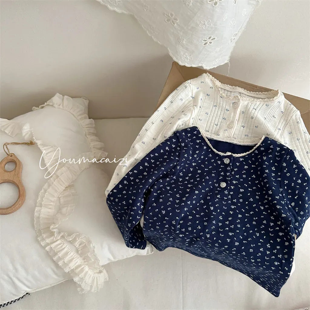 長袖Tシャツ 小花プリントレースネック長袖Tシャツ【mh0011259】