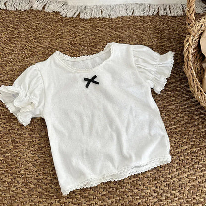 半袖Tシャツ White / 80cm キッズトップス 半袖パフスリーブカットソー ブラウス レースニット 3カラー【mh0005016】
