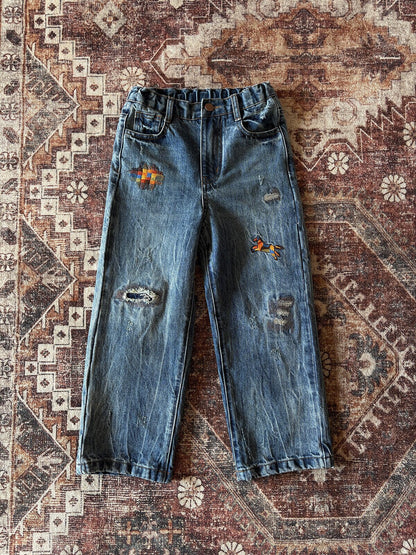 デニムパンツ Blue / 110cm yummy&rocky | Embroidered Ripped Heavy Jeans 刺繍クラッシュ加工ヘビーデニム【mh0020107】