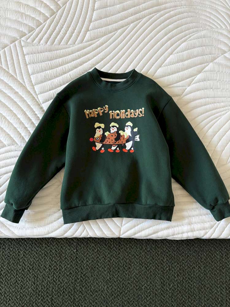 トレーナー・フーディ Dark Green / 110cm yummy&rocky | 3D Penguin Luminous Plush Hoodie ペンギン 蓄光プリント 裏起毛 スウェット【mh0020060】