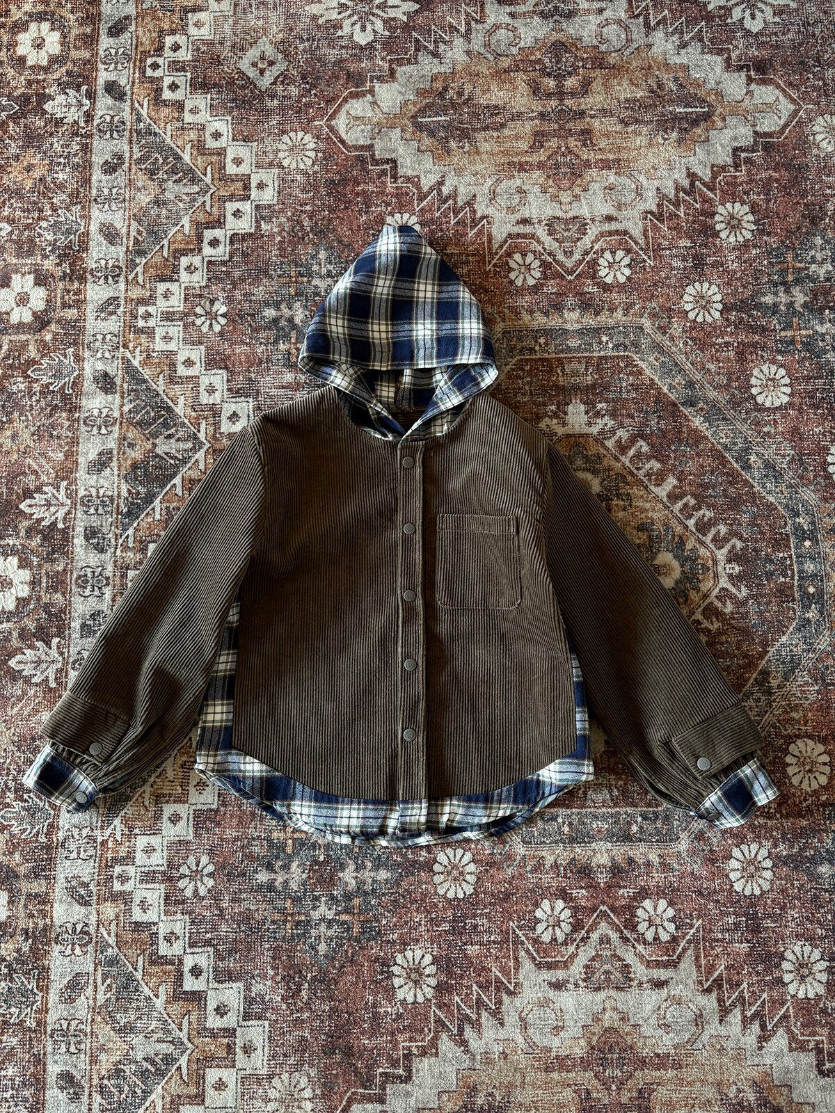 ショートコート・ジャケット・ジャンパー Dark Green / 110cm yummy&rocky | Cotton Corduroy Patchwork Jacket コーデュロイ配色切替フードジャケット【mh0020100】
