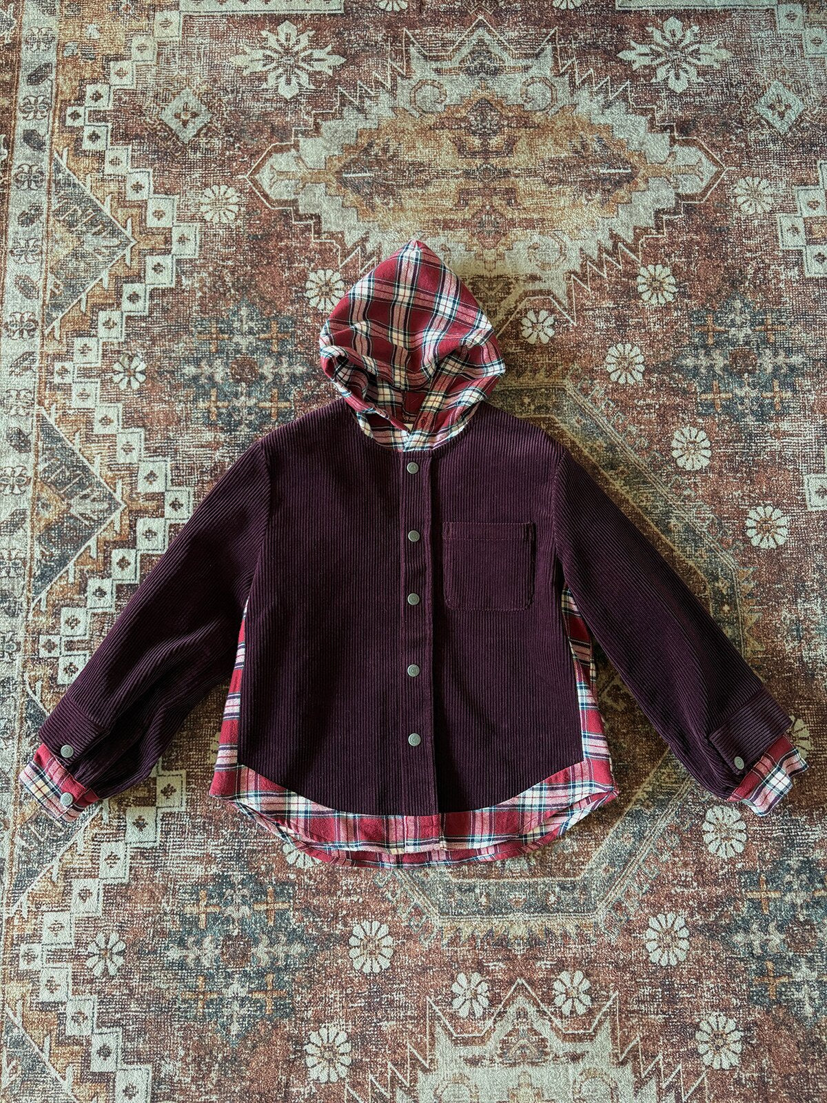 ショートコート・ジャケット・ジャンパー Dark Purple / 110cm yummy&rocky | Cotton Corduroy Patchwork Jacket コーデュロイ配色切替フードジャケット【mh0020100】