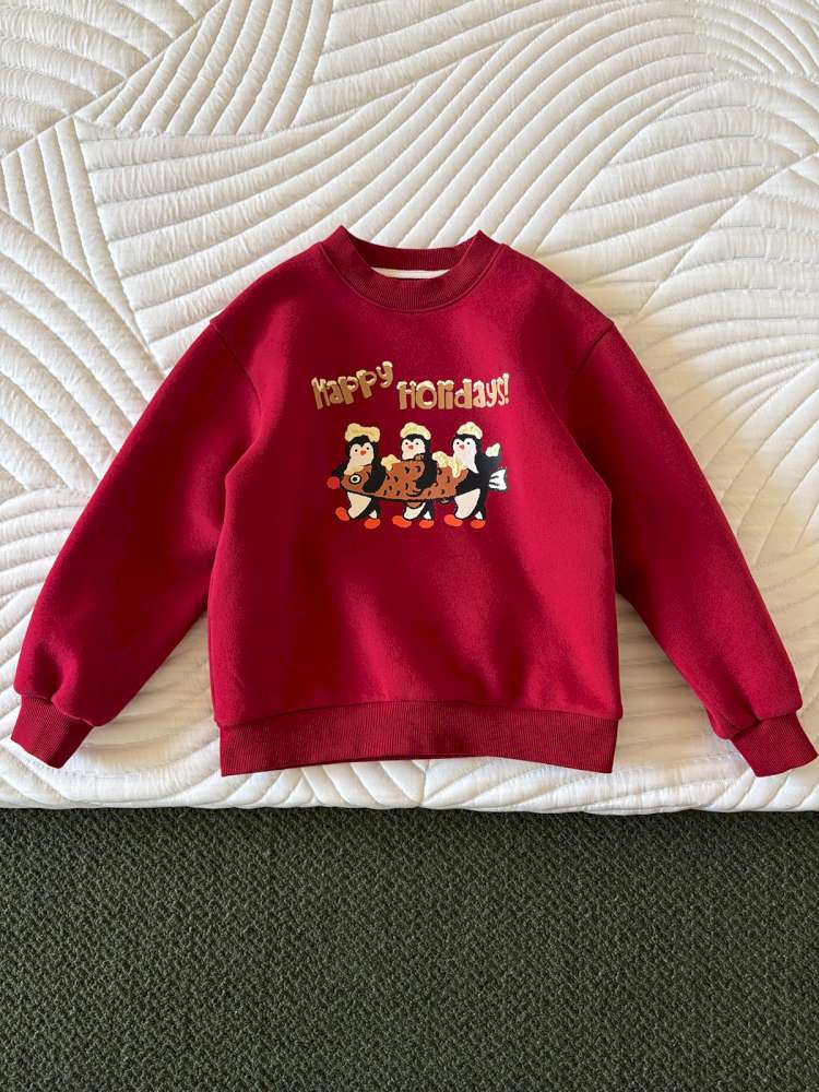 トレーナー・フーディ Red / 110cm yummy&rocky | 3D Penguin Luminous Plush Hoodie ペンギン 蓄光プリント 裏起毛 スウェット【mh0020060】