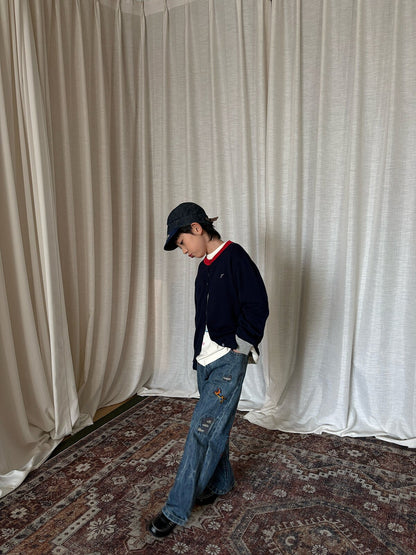 デニムパンツ yummy&rocky | Embroidered Ripped Heavy Jeans 刺繍クラッシュ加工ヘビーデニム【mh0020107】