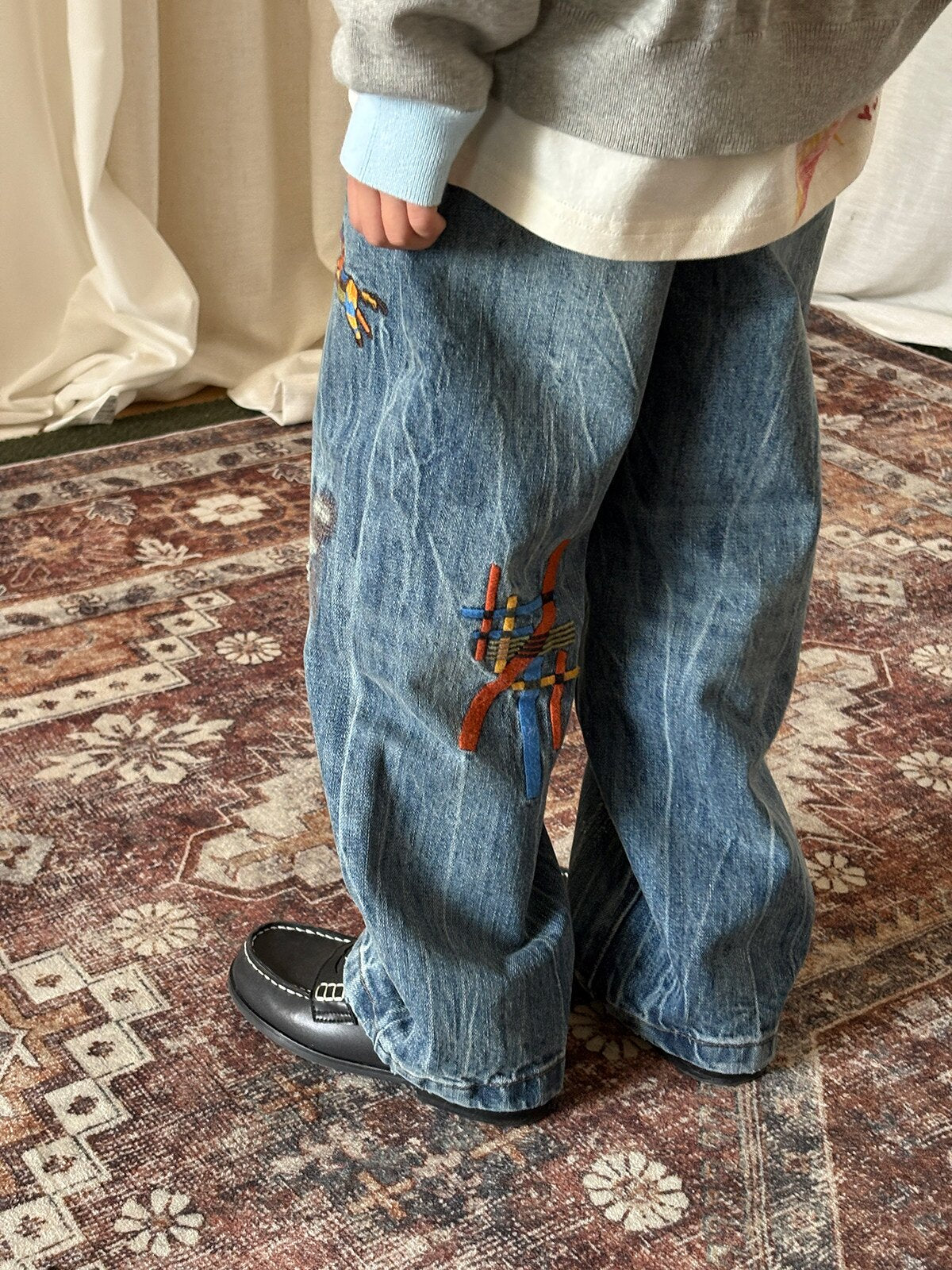 デニムパンツ yummy&rocky | Embroidered Ripped Heavy Jeans 刺繍クラッシュ加工ヘビーデニム【mh0020107】