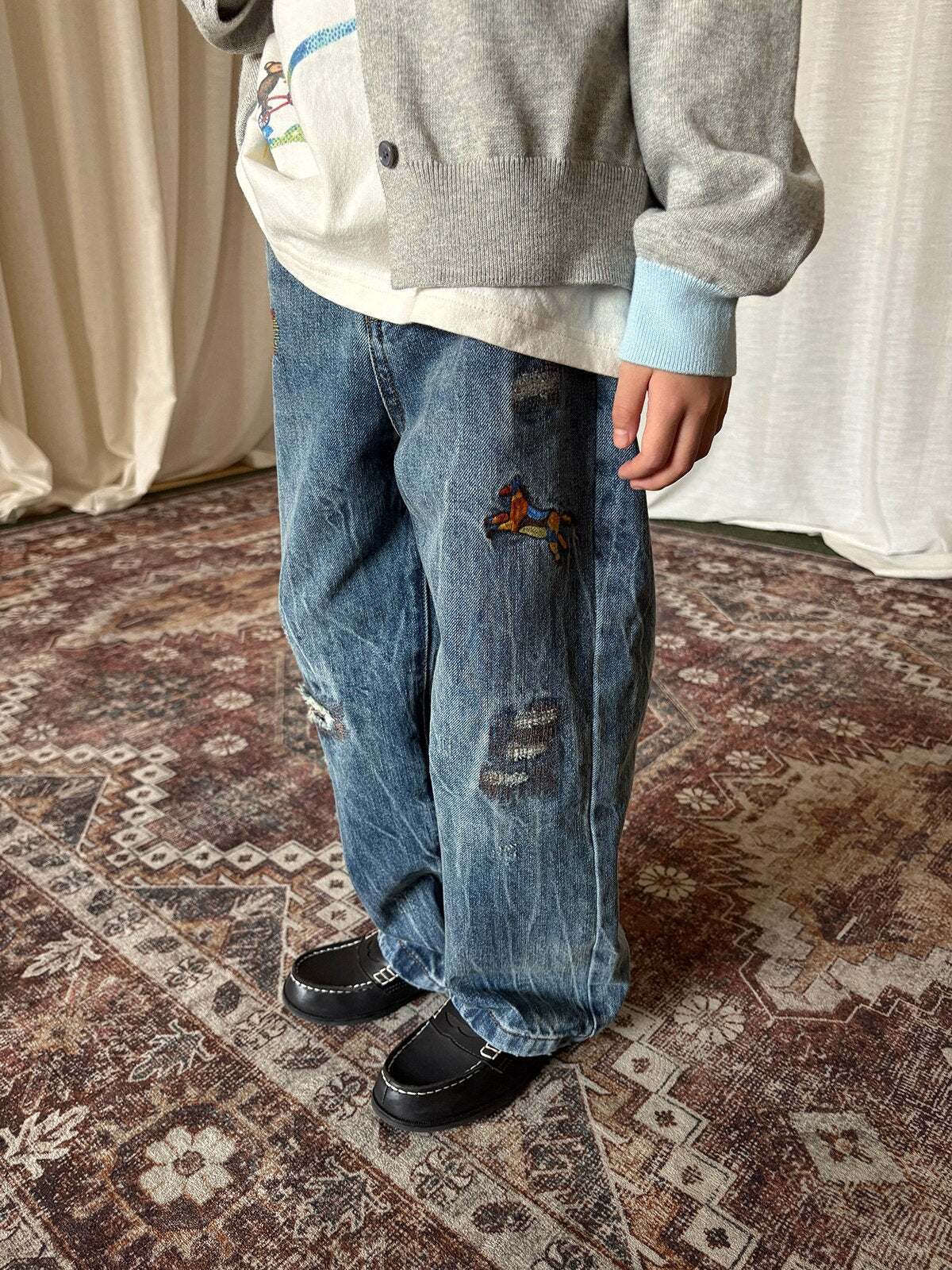 デニムパンツ yummy&rocky | Embroidered Ripped Heavy Jeans 刺繍クラッシュ加工ヘビーデニム【mh0020107】