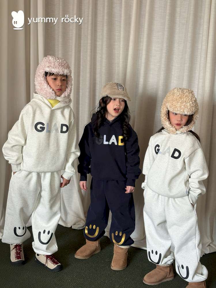 長袖セットアップ yummy&rocky | Grating Anti-Static Fleece Tracksuit スマイリープリント 裏起毛 セットアップ【mh0020055】