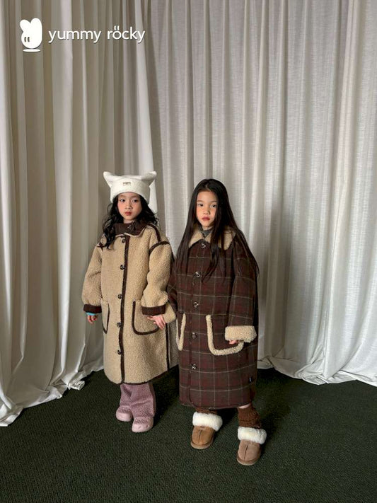 ロングコート yummy&rocky | Plaid Woolen Grain Reversible Coat リバーシブル チェック柄 ボアコート【mh0020053】