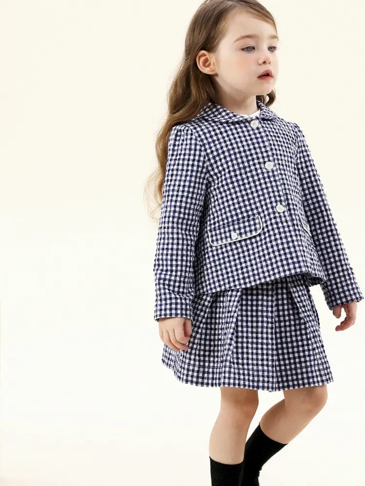 長袖セットアップ フレンチスタイルチェックジャケット/ボックスプリーツスカート スーツ【mh0011299】
