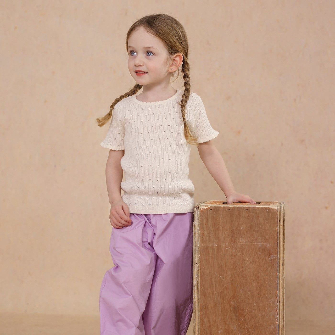 半袖Tシャツ Beige / 80cm knitted lace solid color short-sleeve T-shirt【mh0009489】