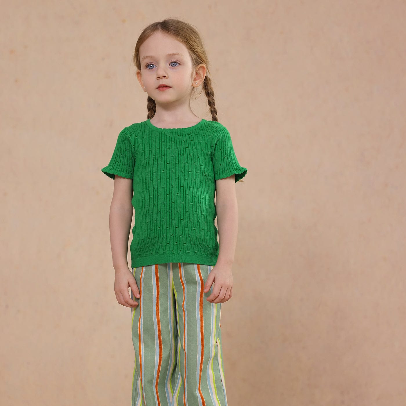 半袖Tシャツ Green / 80cm knitted lace solid color short-sleeve T-shirt【mh0009489】