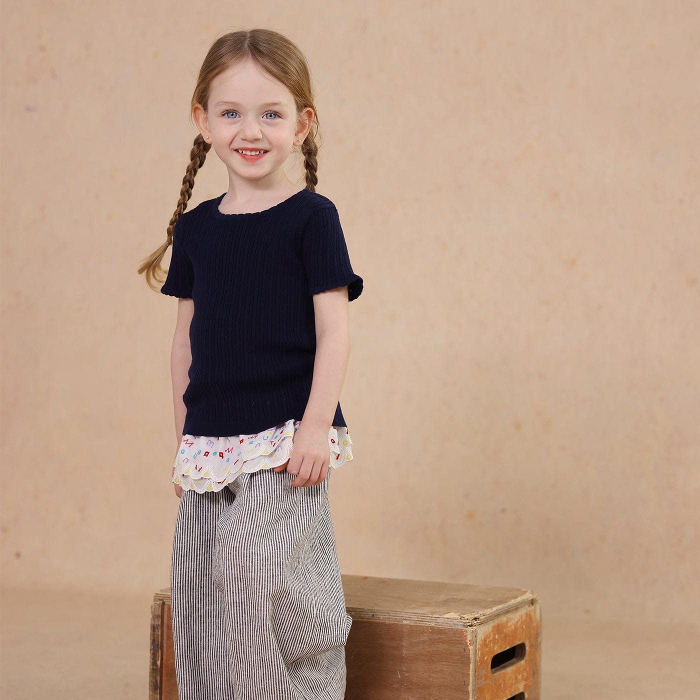 半袖Tシャツ Navy Blue / 80cm knitted lace solid color short-sleeve T-shirt【mh0009489】