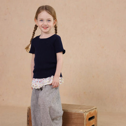 半袖Tシャツ Navy Blue / 80cm knitted lace solid color short-sleeve T-shirt【mh0009489】