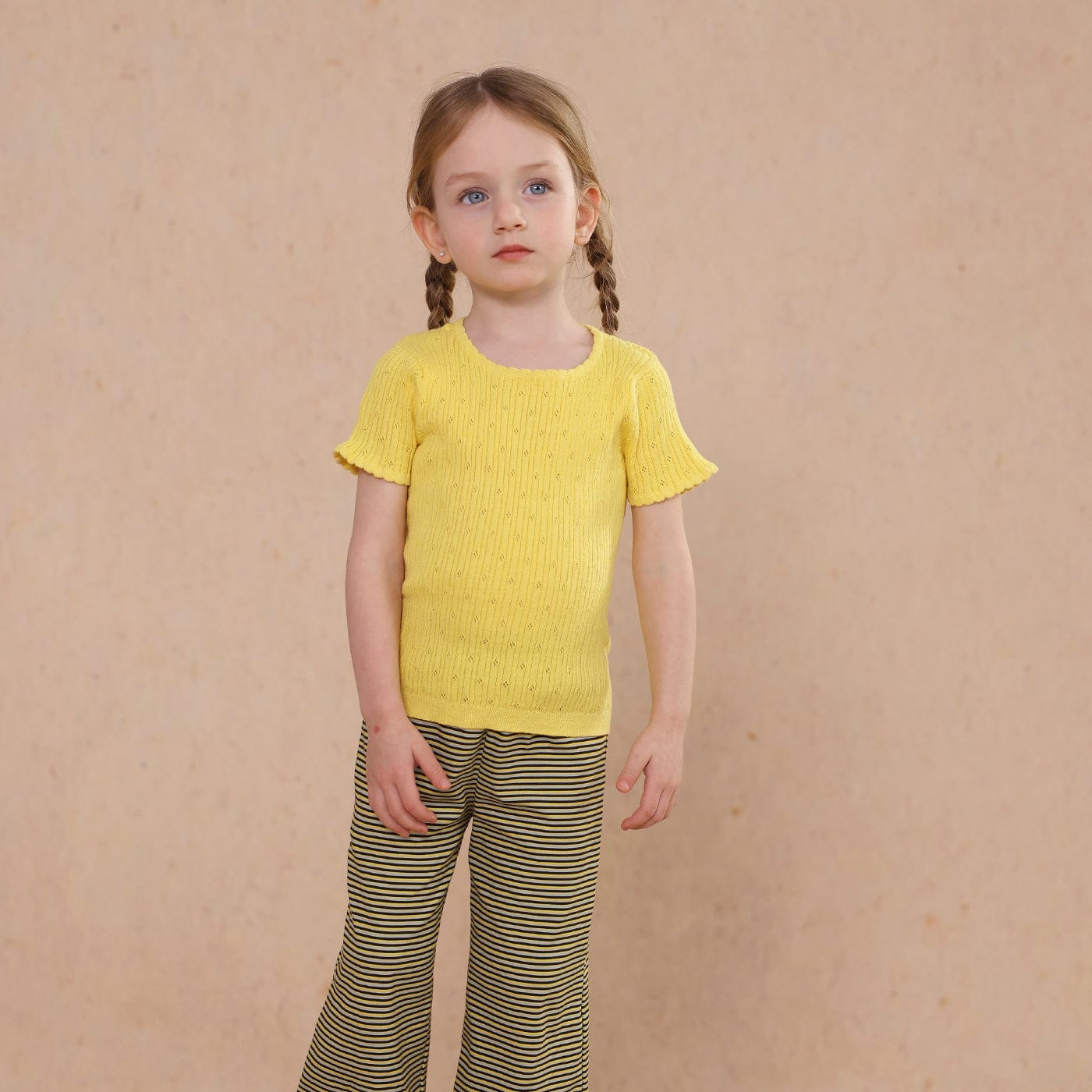 半袖Tシャツ Yellow / 80cm knitted lace solid color short-sleeve T-shirt【mh0009489】