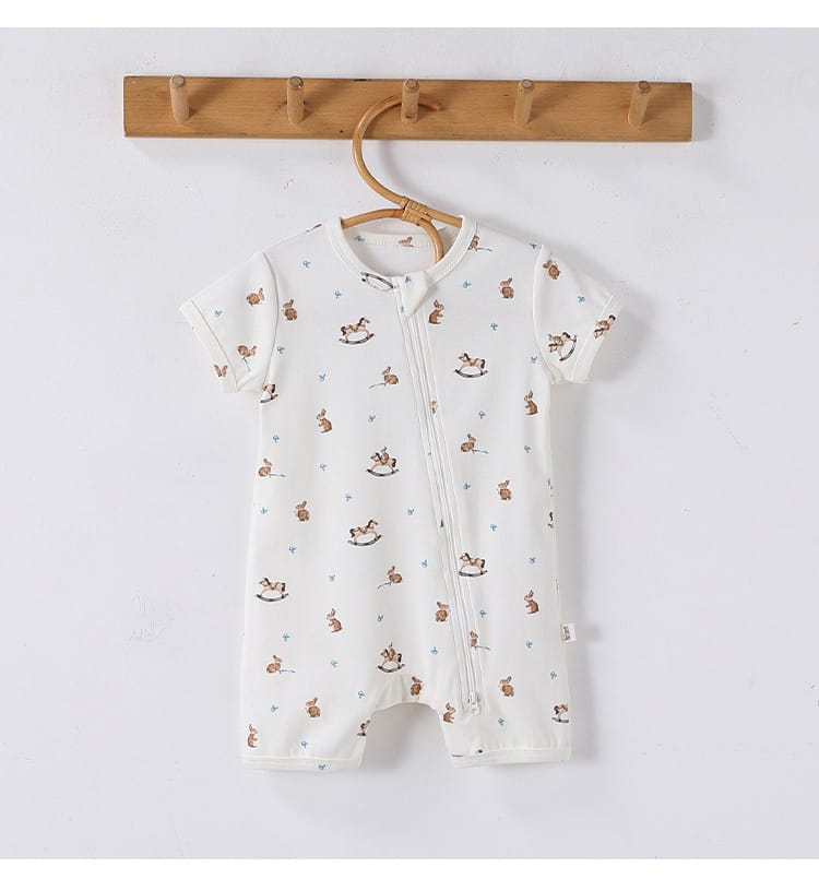 Zipper Front Short Sleeve Cotton アニマル ツリー 半袖ロンパース【mh0012770】 Beitaoya 半袖ロンパース