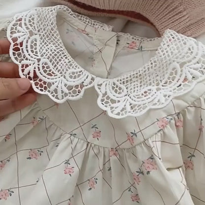 ベビー レース襟 フラワー チェック 長袖 ロンパース