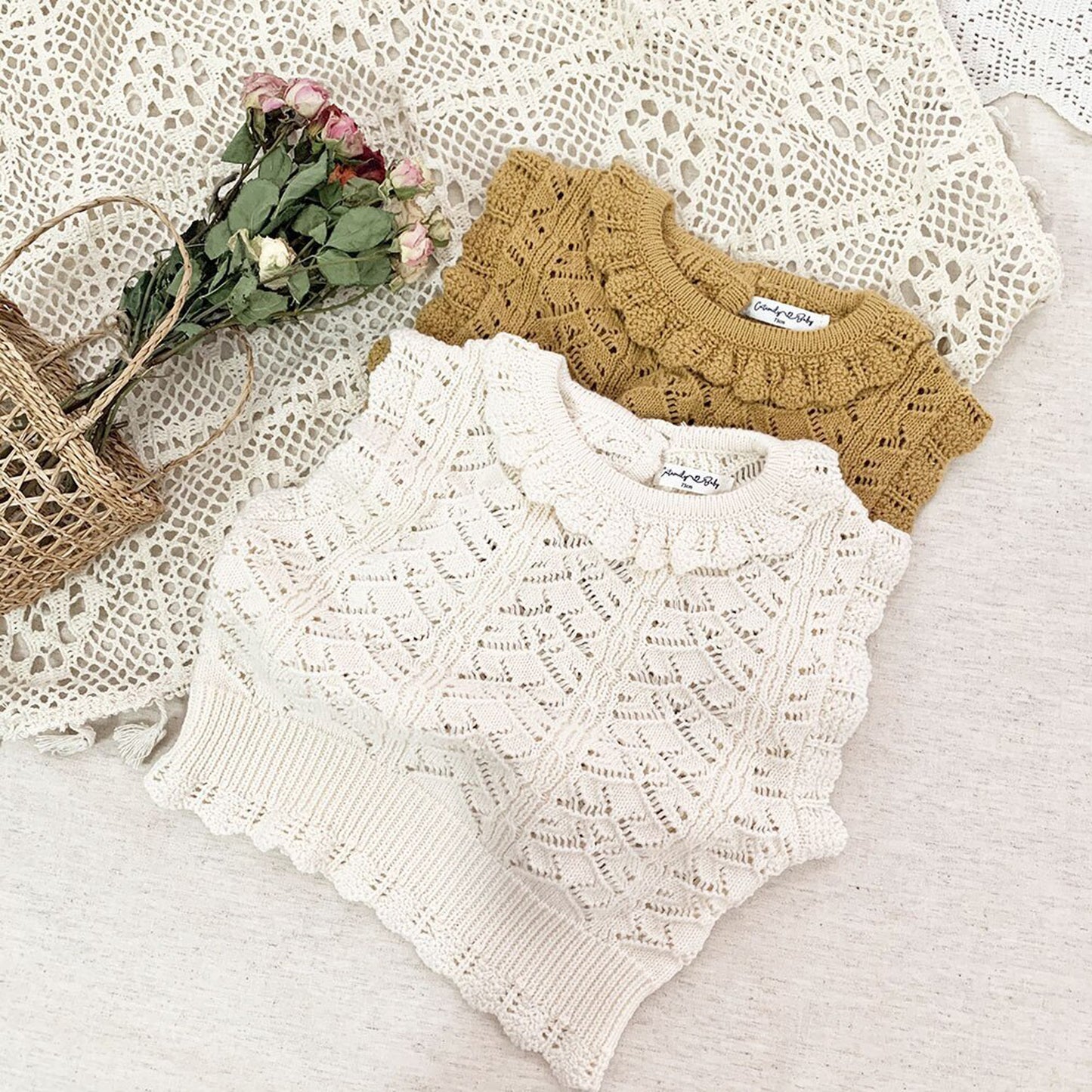 -ベビーキッズトップス レースニット フリル襟ベスト クリームアイボリー/イエロー/2カラー - mamahalo shop - ベスト -  べビー服 - 子供服 - 男の子 - 女の子