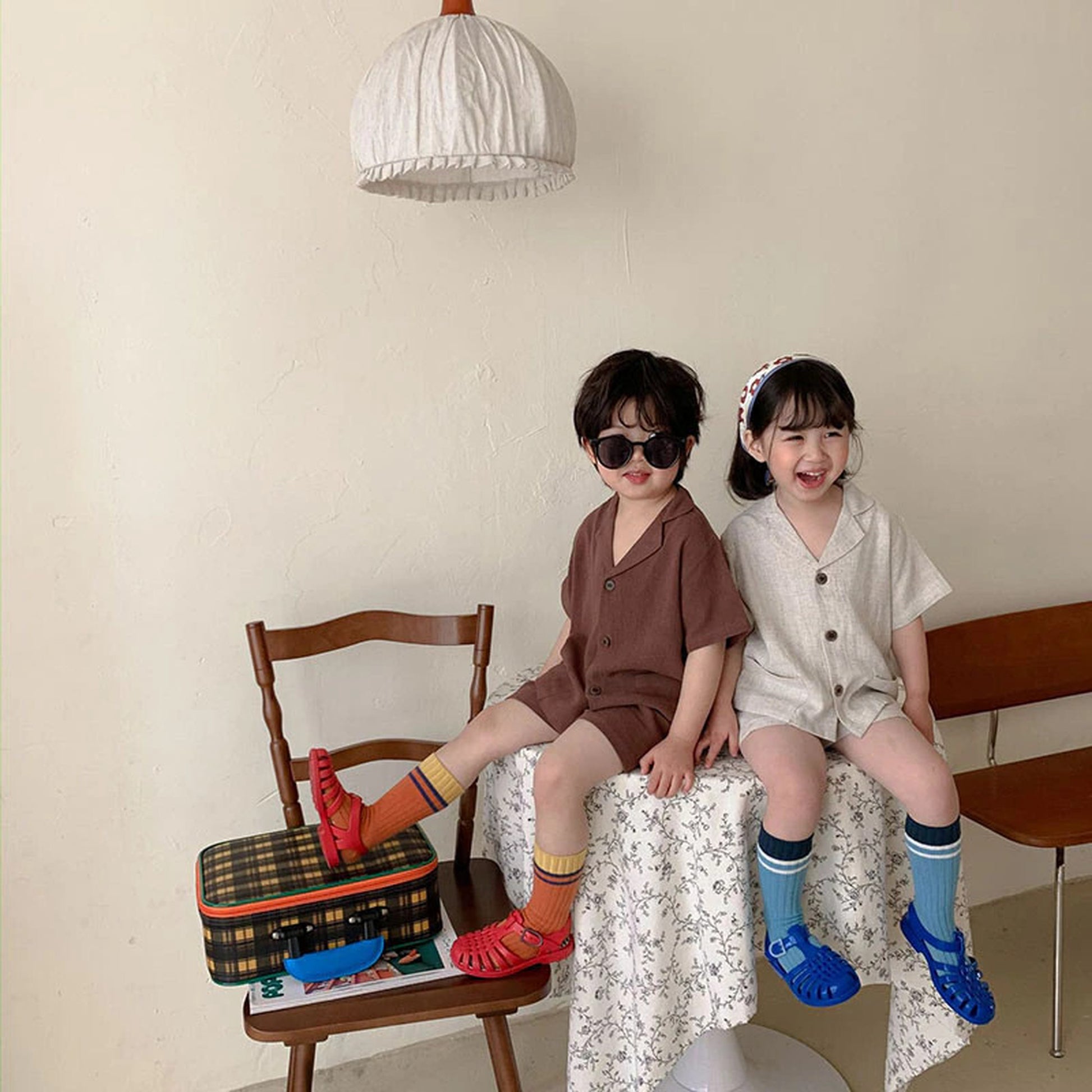 -☺︎ キッズ セットアップ 半袖シャツ ショートパンツ ベージュ/コーヒー/2カラー - mamahalo shop - 半袖セットアップ -  べビー服 - 子供服 - 男の子 - 女の子