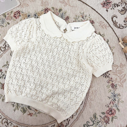 -ベビー キッズ レースニット 襟付き トップス ブラウス - mamahalo shop - 半袖シャツ・ブラウス -  べビー服 - 子供服 - 男の子 - 女の子