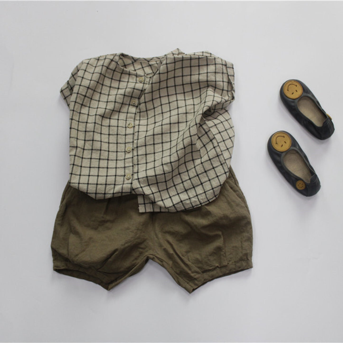 -キッズ コットンリネン チェック 半袖シャツ - mamahalo shop - 半袖シャツ・ブラウス -  べビー服 - 子供服 - 男の子 - 女の子